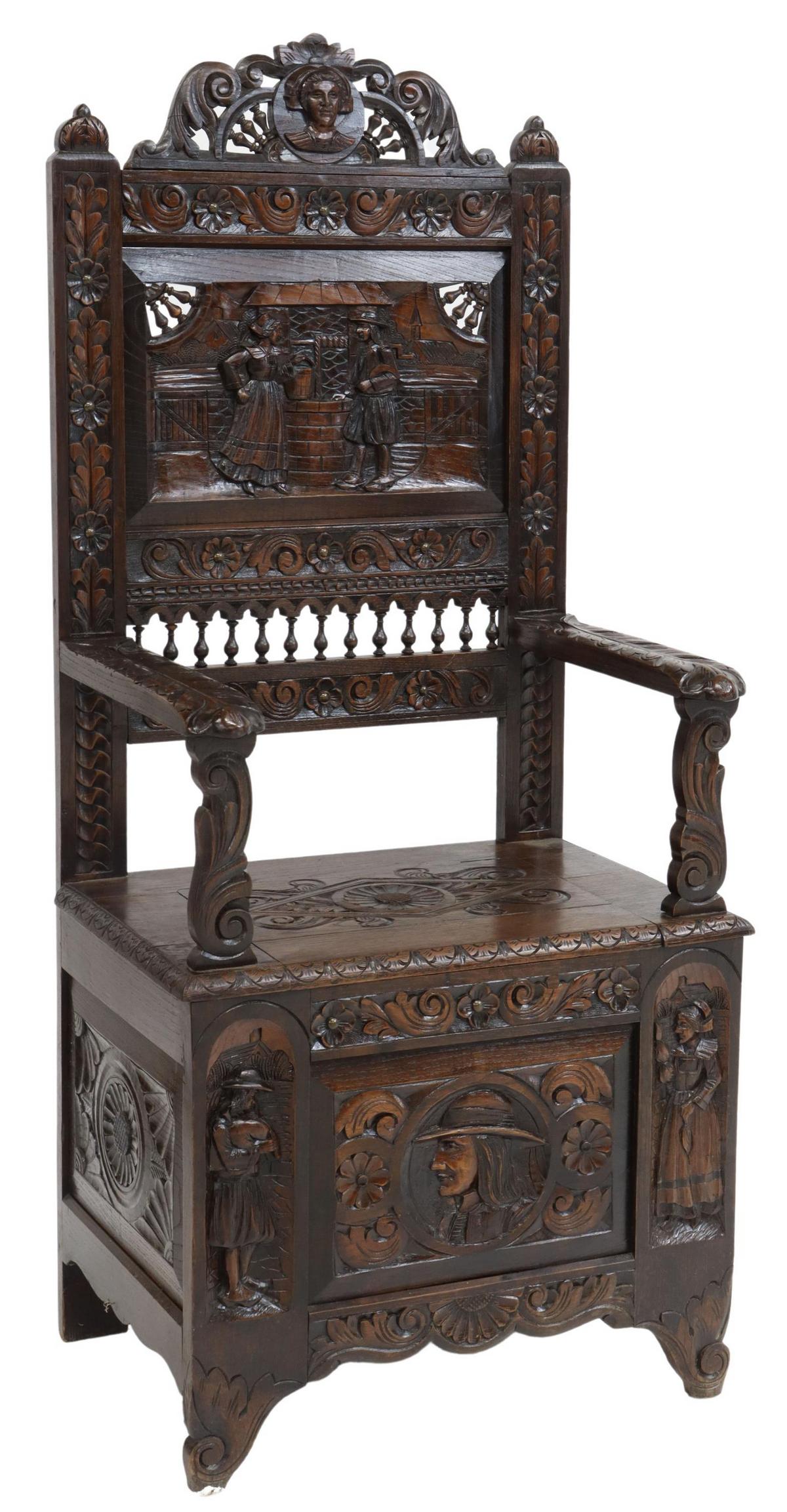 FRENCH BRETON FIGURAL CARVED OAK HALL BENCH (1 of 7)