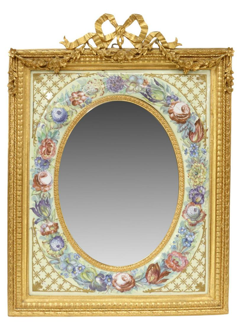 FRENCH DORE BRONZE & PAINTED ENAMEL MIRROR (1 of 5)