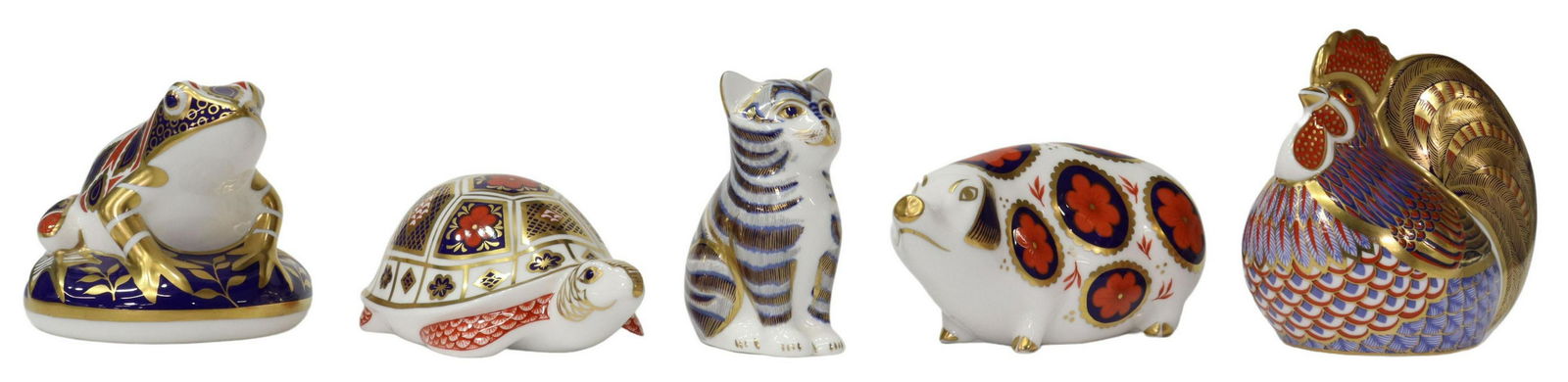 (5) ROYAL CROWN DERBY ANIMAL PAPERWEIGHT FIGURES: (lot of 5) English bone china animal paperweights/ cabinet figures, Royal Crown Derby, in the Imari palette, parcel gilt, including: (1) tree frog, c.1987, (1) pig, c.1988, (1) tortoise, c.1990, (1) r