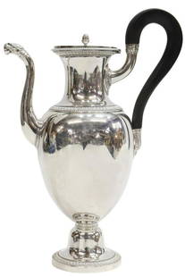 FRENCH ODIOT NEOCLASSICAL SILVER COFFEE POT: French Neoclassical silver coffee pot, Jean-Baptiste-Claude Odiot (French, 1763-1850), hinged flat cover with acorn finial, ebonized scroll handle with foliate and shell joins, oviform body,