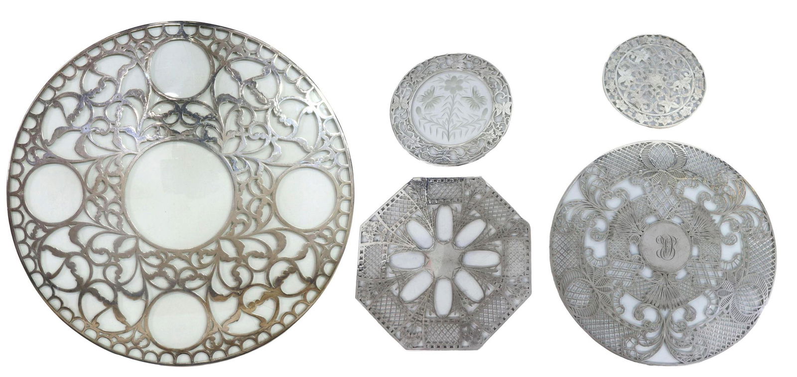 (5) FINE & STERLING SILVER OVERLAY GLASS TRIVETS (1 of 13)