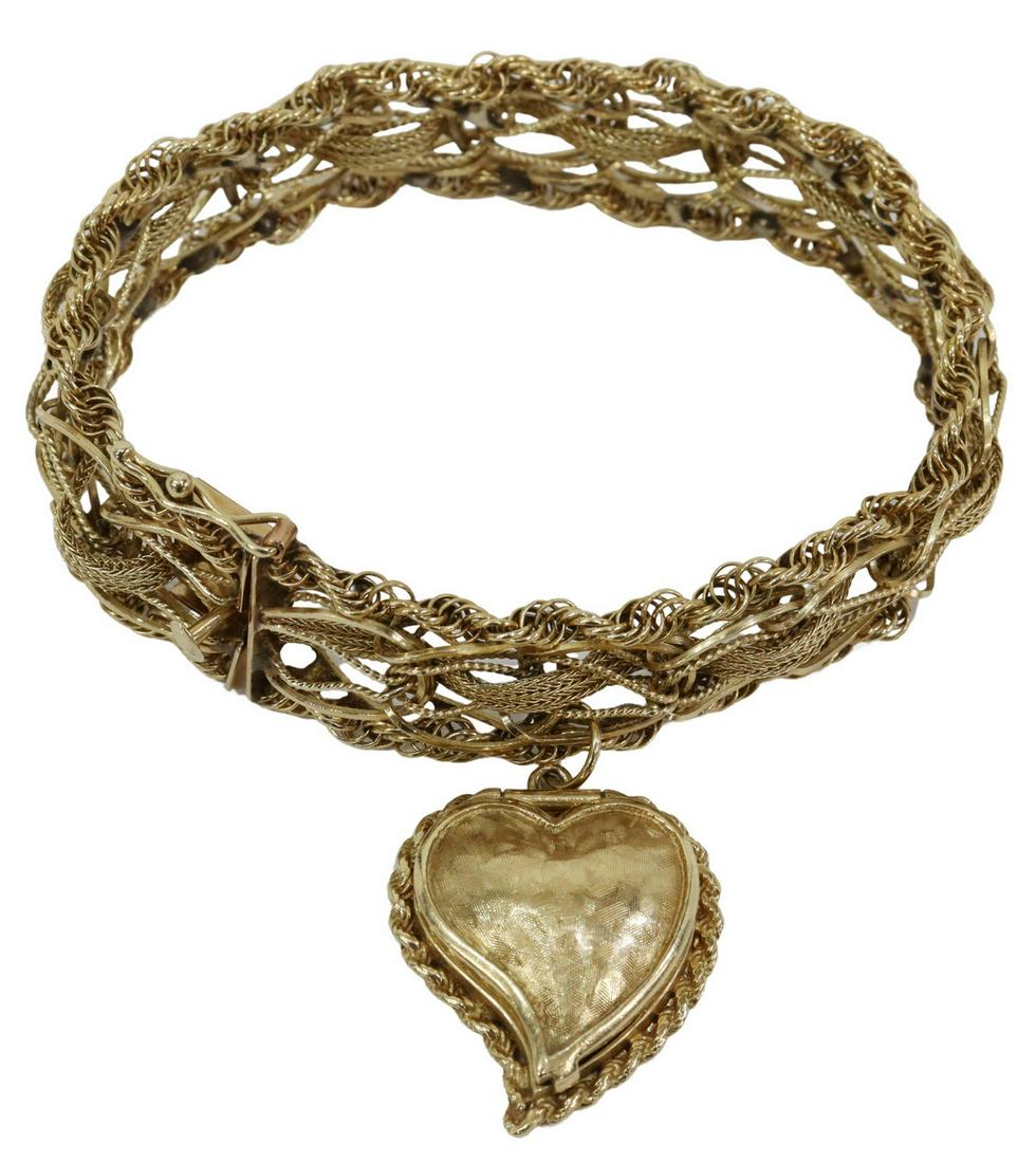 ESTATE 14KT GOLD WOVEN CHAIN HEART LOCKET BRACELET (1 of 5)