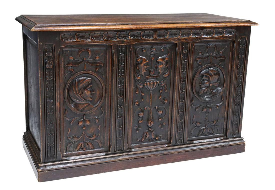 RENAISSANCE REVIVAL CARVED OAK COFFER TRUNK (1 of 5)