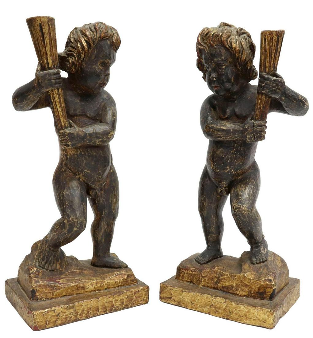 (2) SPANISH PARCEL GILT PUTTI TORCHIERE SCULPTURES (1 of 4)