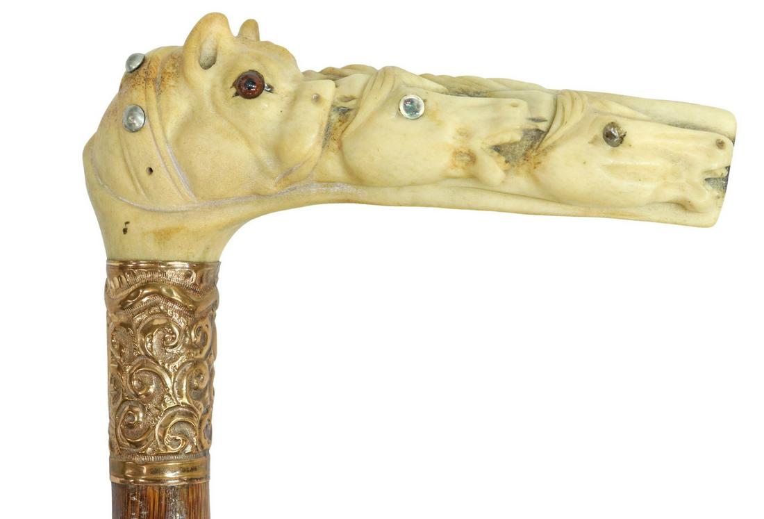 CARVED ANTLER DOG & HORSE HEADS CANE WALKING STICK (1 of 4)