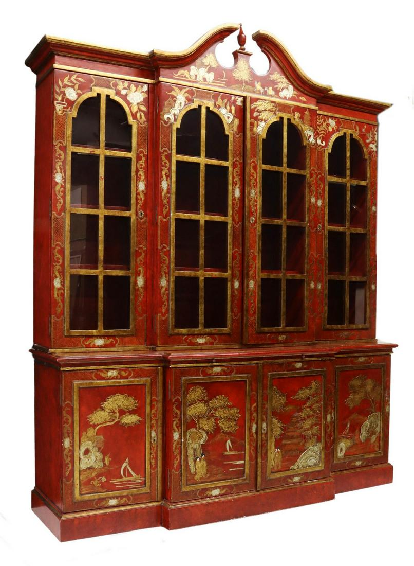 CHINOISERIE RED LACQUERED BREAKFRONT BOOKCASE (1 of 4)