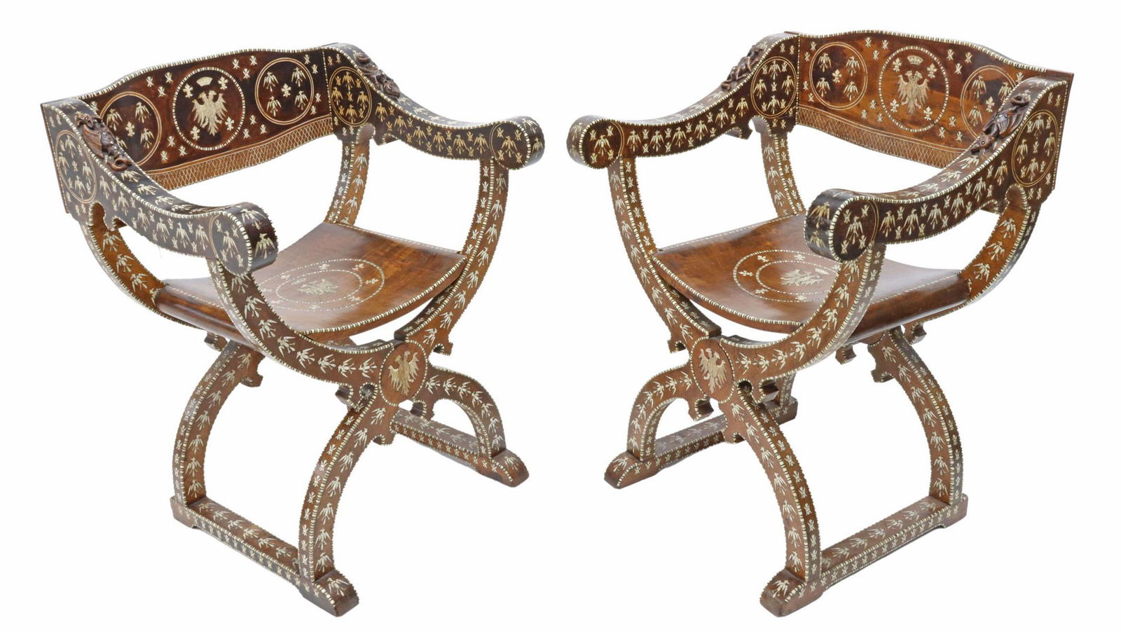 (2) SPANISH INLAID HERALDIC MILITARY CURULE CHAIRS (1 of 9)