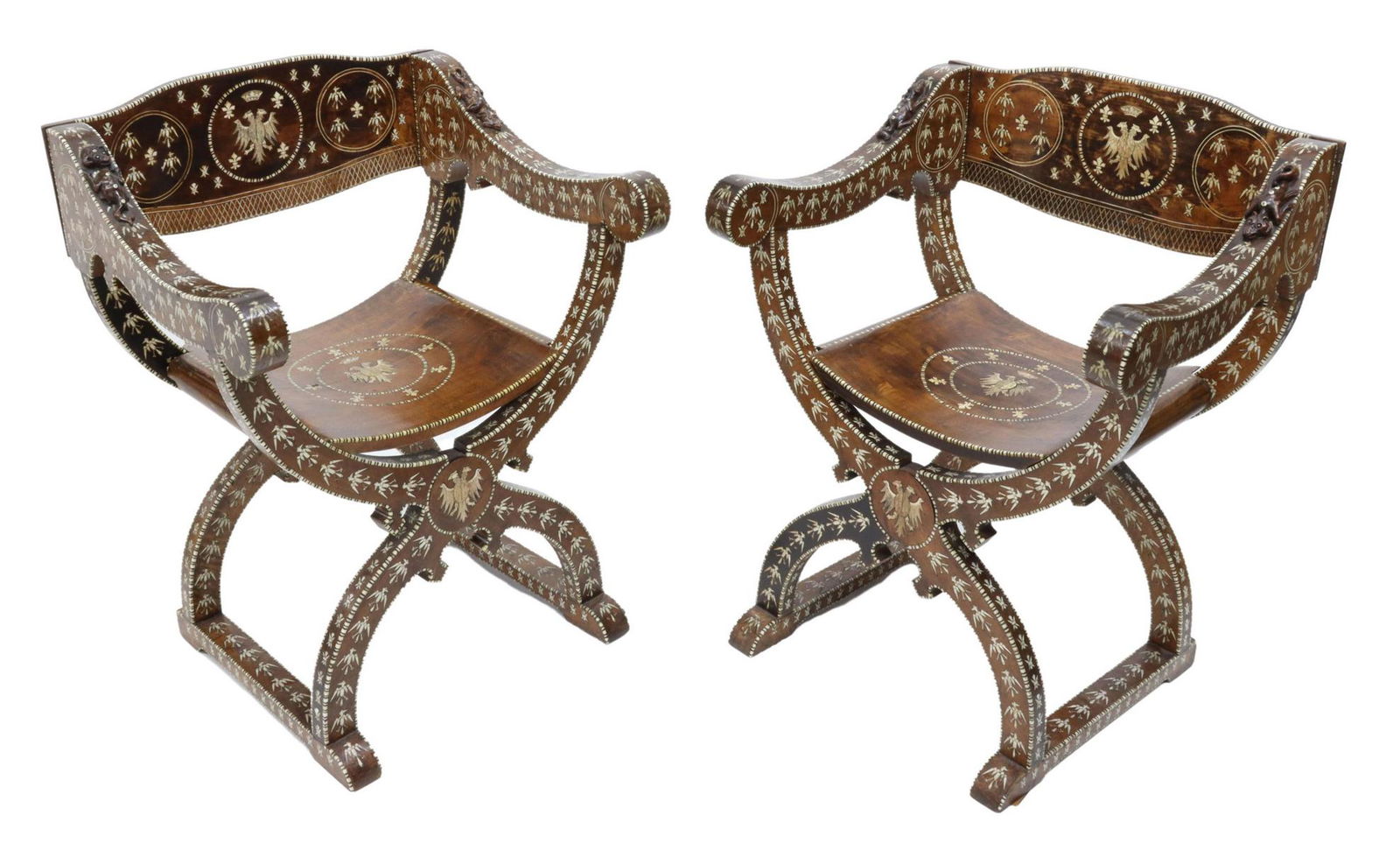 (2) SPANISH INLAID HERALDIC MILITARY CURULE CHAIRS (1 of 8)