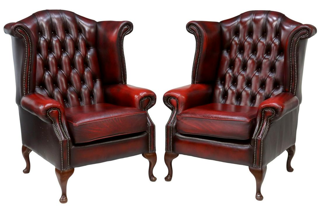 (2) QUEEN ANNE STYLE LEATHER WINGBACK ARMCHAIRS (1 of 3)
