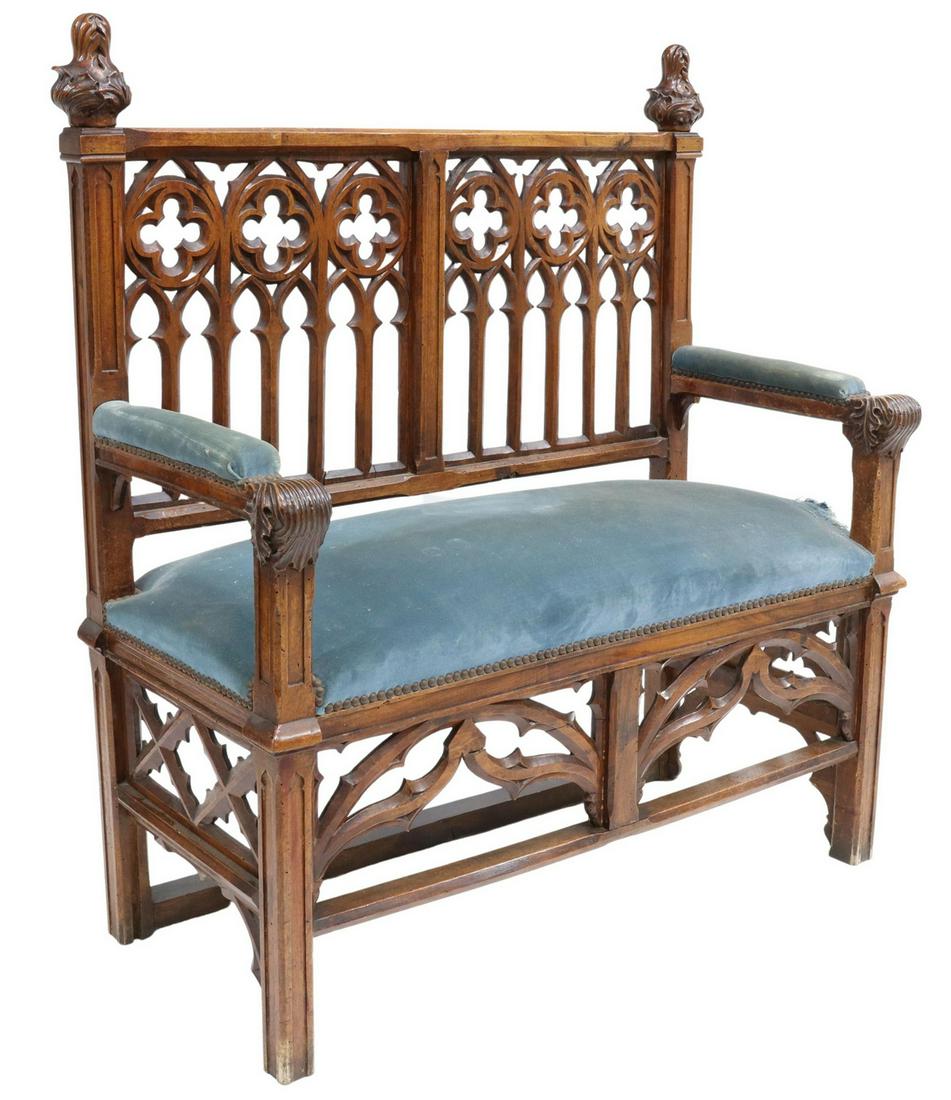 FRENCH GOTHIC REVIVAL CARVED & UPHOLSTERED BENCH (1 of 5)