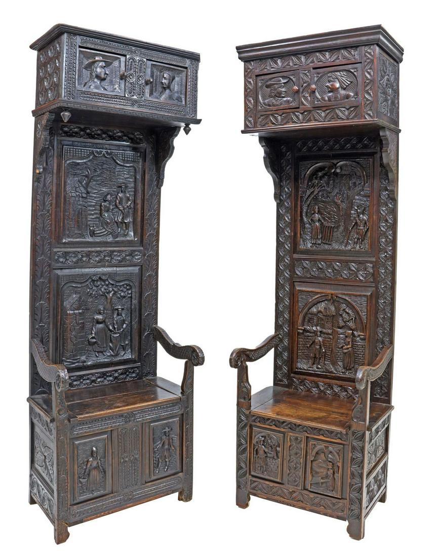 (2) FRENCH BRETON CARVED OAK FIGURAL HALL SEATS (1 of 11)