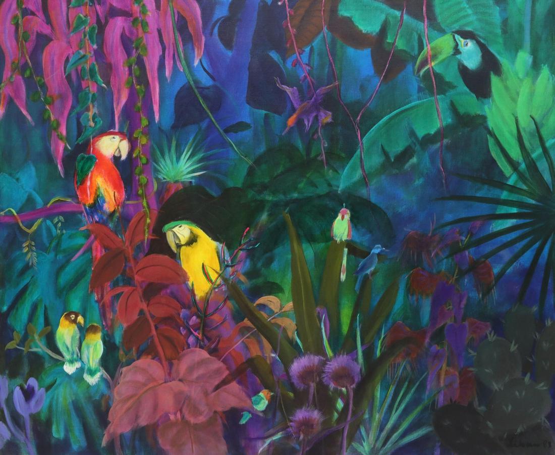 GUSTAV LIKAN (1912-1998) JUNGLE PARROTS, 50" x 60" (1 of 7)