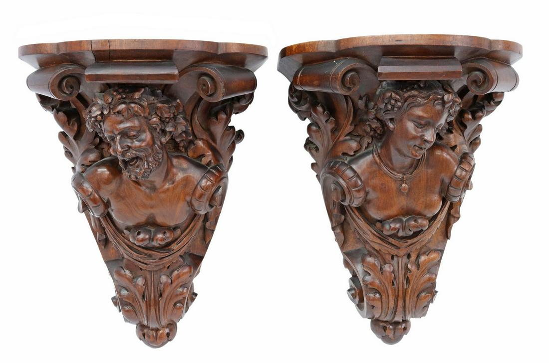 (2) FRENCH CARVED WALNUT CERES & BACCHUS CORBELS (1 of 3)