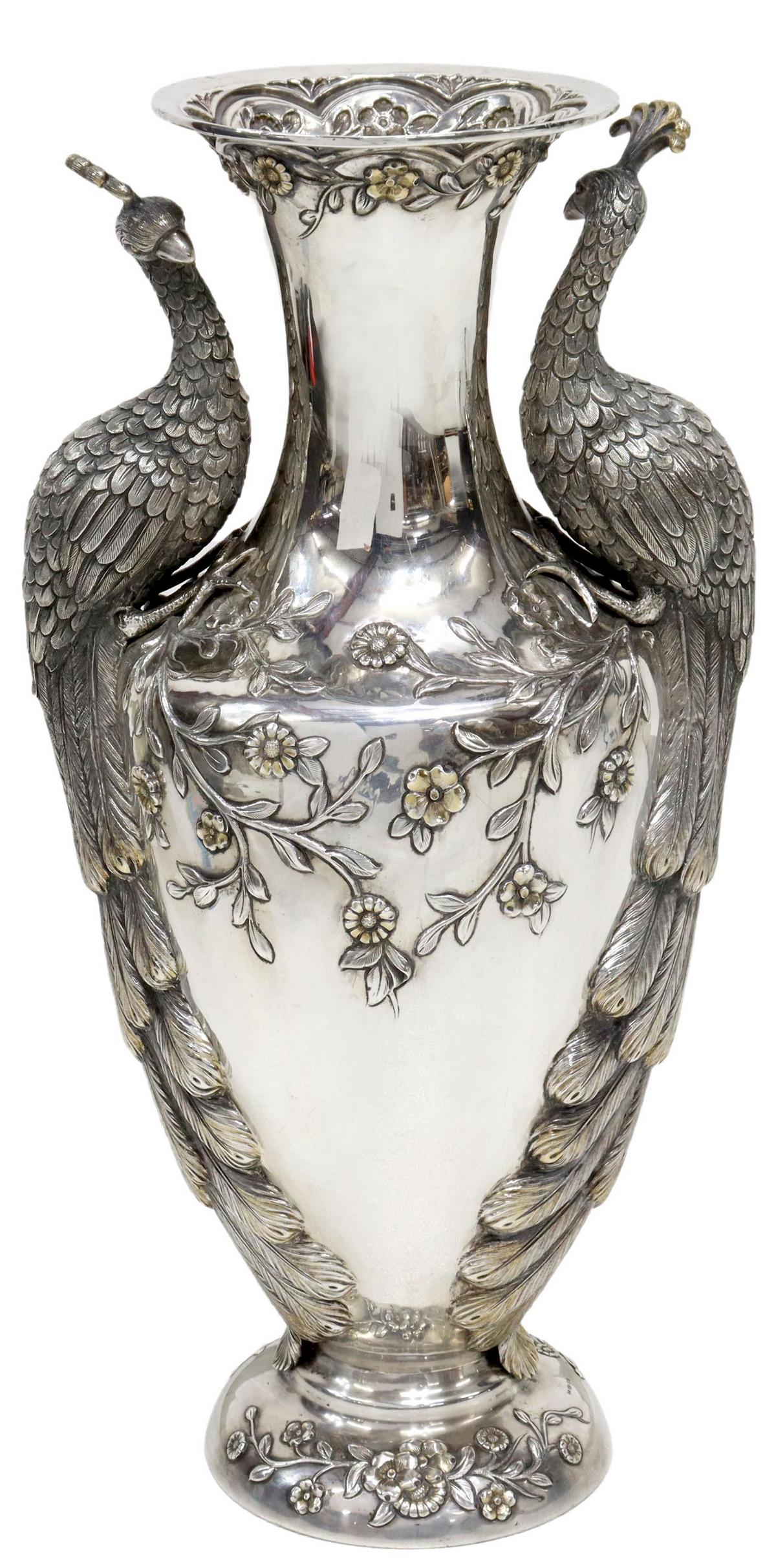 ITALIAN STERLING SILVER PEACOCK VASE, 151.73OZT (1 of 10)