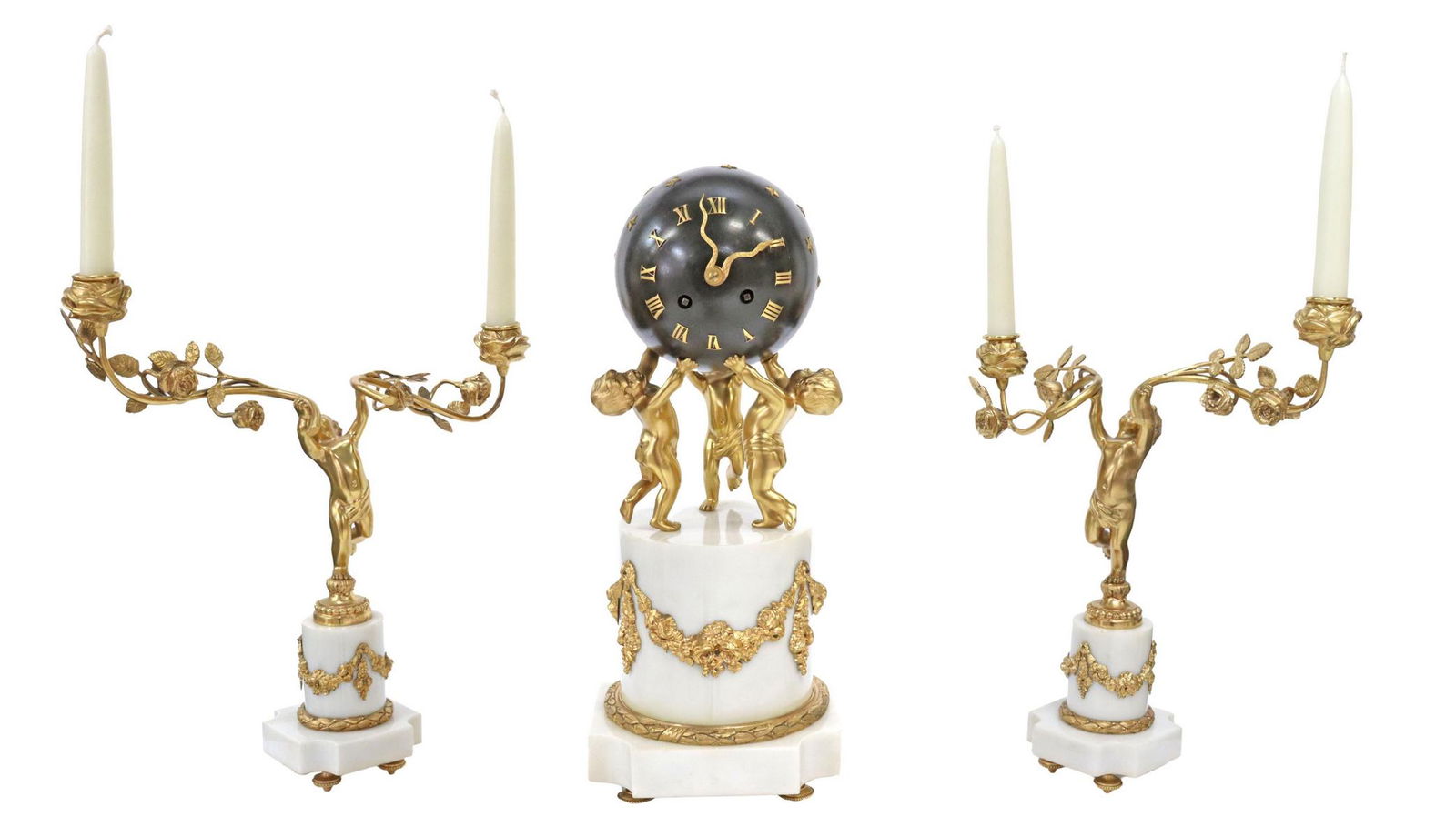 (3) FRENCH BRONZE DORE MARBLE CLOCK & CANDELABRA (1 of 9)