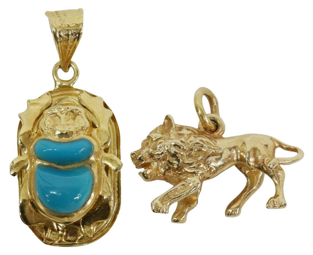 (2) 18KT GOLD SCARAB PENDANT & 14KT LION CHARM (1 of 2)