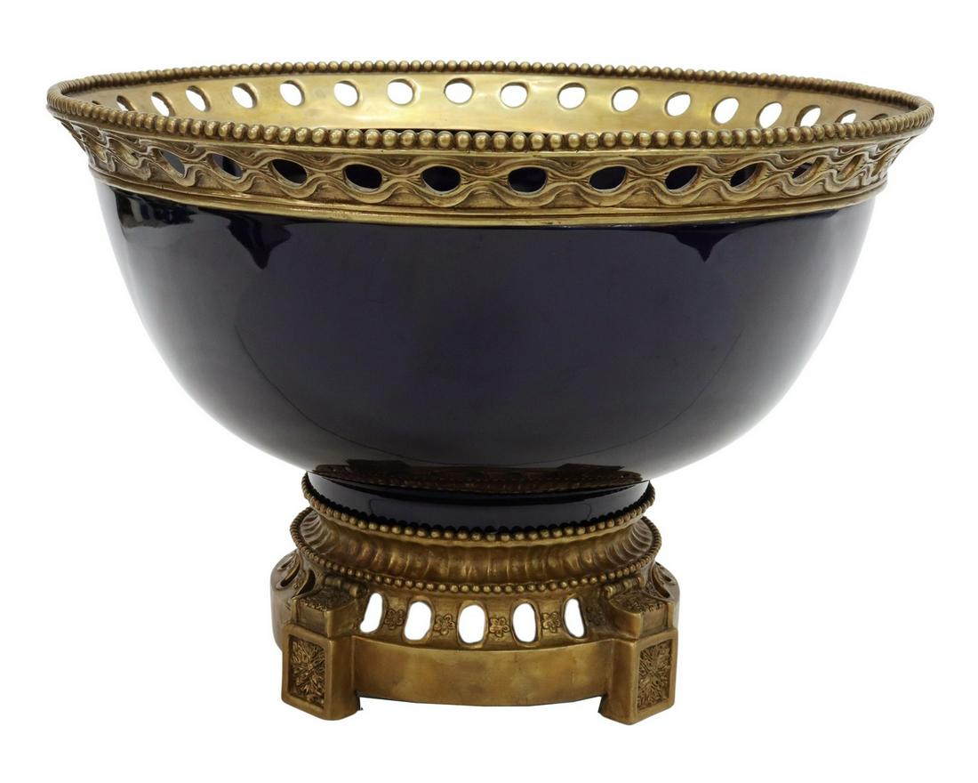 LARGE BRONZE-MOUNTED COBALT PORCELAIN CENTER BOWL (1 of 3)