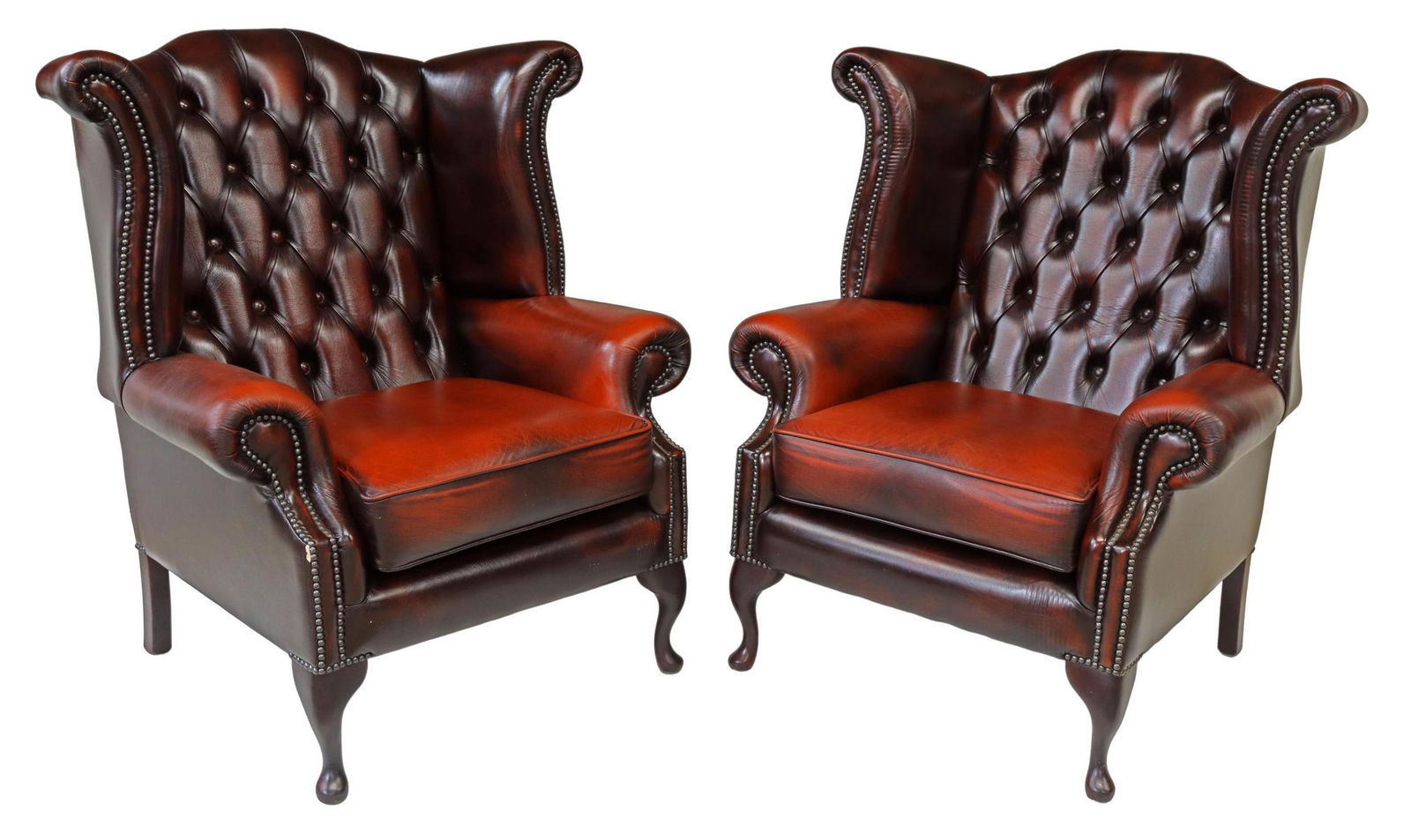 (2) QUEEN ANNE STYLE LEATHER WINGBACK ARMCHAIRS (1 of 3)
