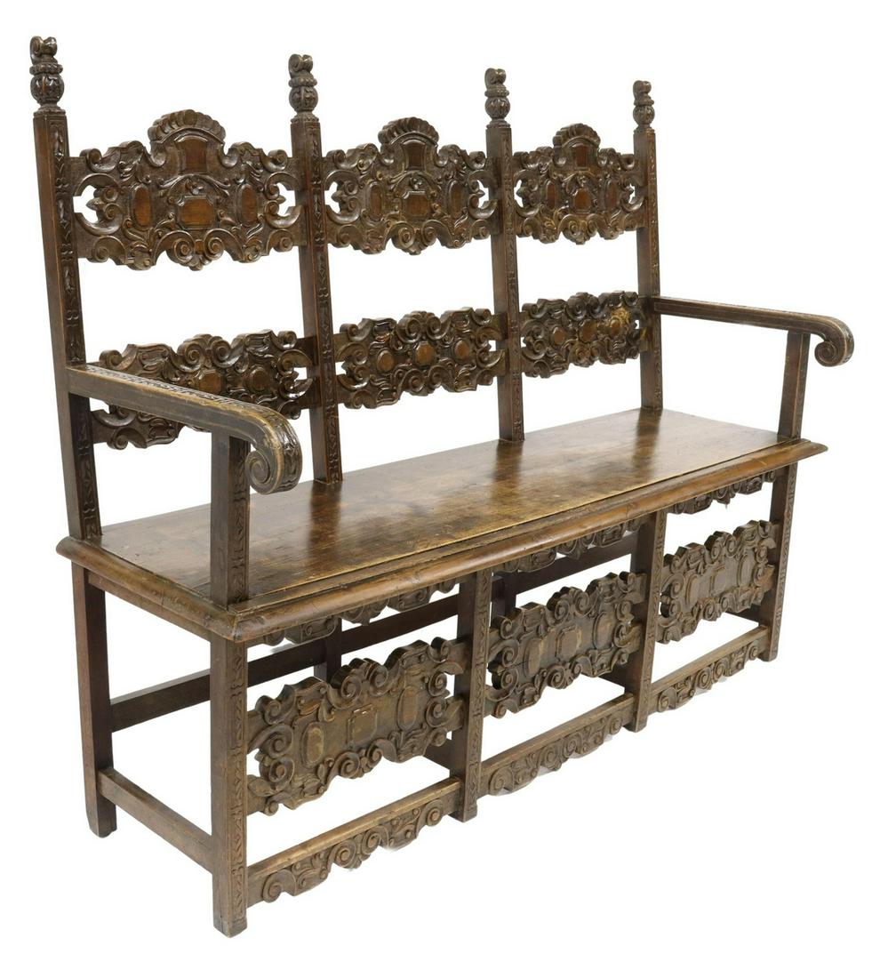 SPANISH CARVED WALNUT TRIPLE CHAIR BACK HALL BENCH (1 of 4)