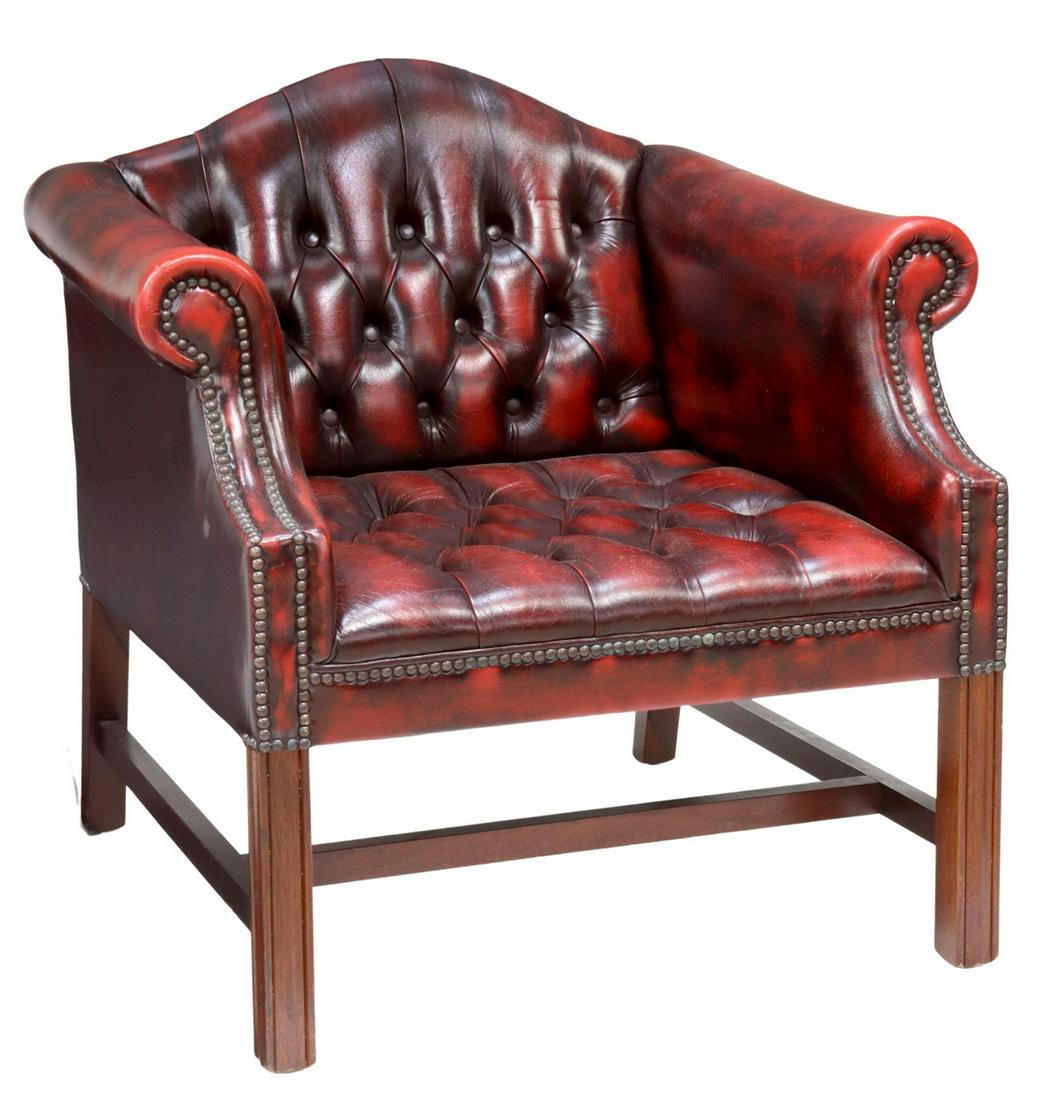 ENGLISH BUTTON-TUFTED OXBLOOD LEATHER ARMCHAIR (1 of 3)