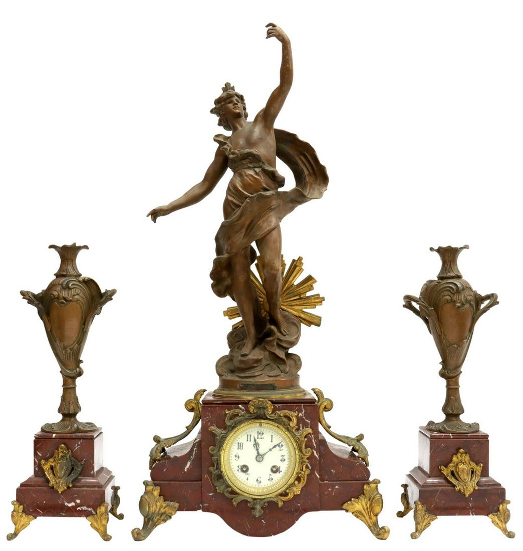(3) FRENCH FIGURAL MANTEL CLOCK & GARNITURES (1 of 9)