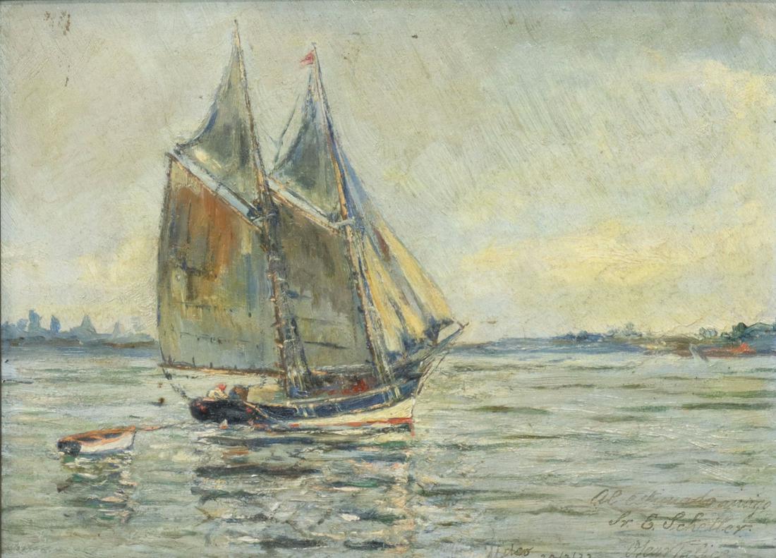 SIGNED SPANISH SCHOOL FISHING BOAT OIL PAINTING (1 of 4)