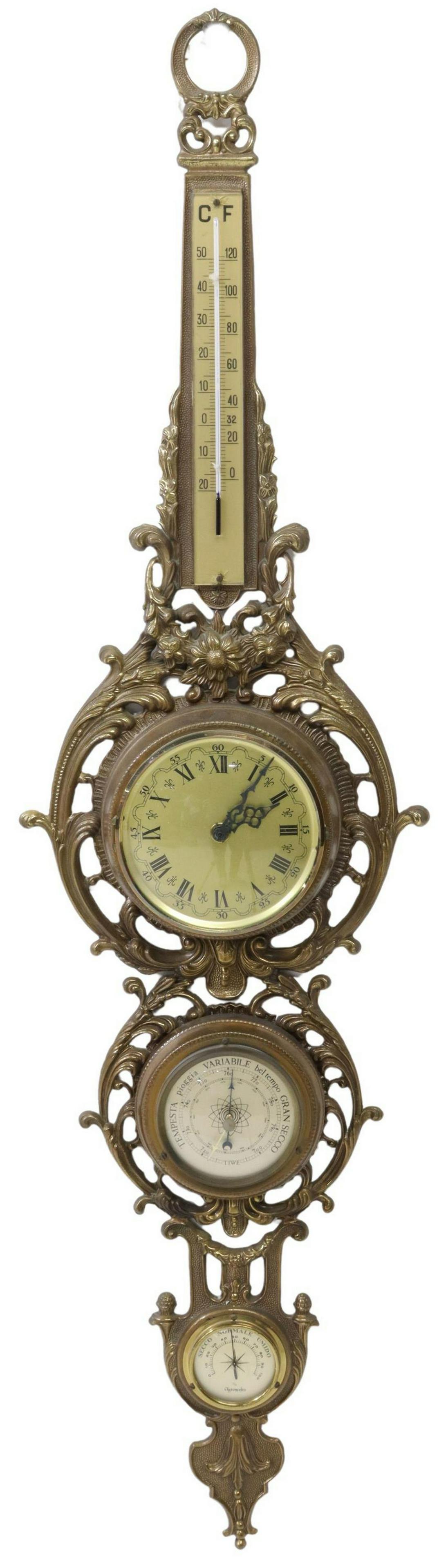 ITALIAN GILT METAL BAROMETER, CLOCK & THERMOMETER (1 of 3)