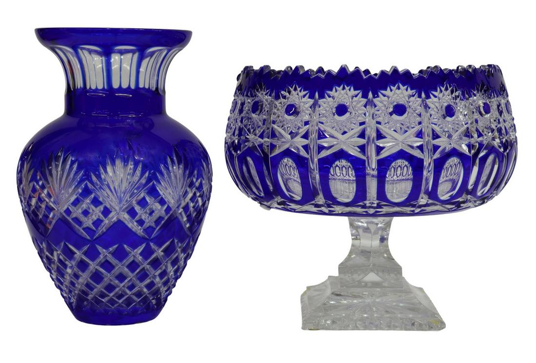 (2) COBALT-CUT-TO-CLEAR GLASS PEDESTAL BOWL & VASE (1 of 6)
