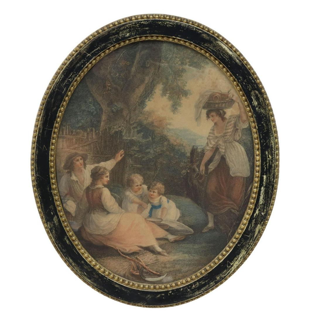 FRAMED PASTORAL ENGRAVING AFTER WILLIAM HAMILTON: Framed hand-colored engraving on paper, "Noon," after William Hamilton (English, 1751-1801), sight: approx 12.25"h, 10"w, overall: 15.25"h, 12.75"w, 2lbs **Provenance: The estate of a Houston Socialit