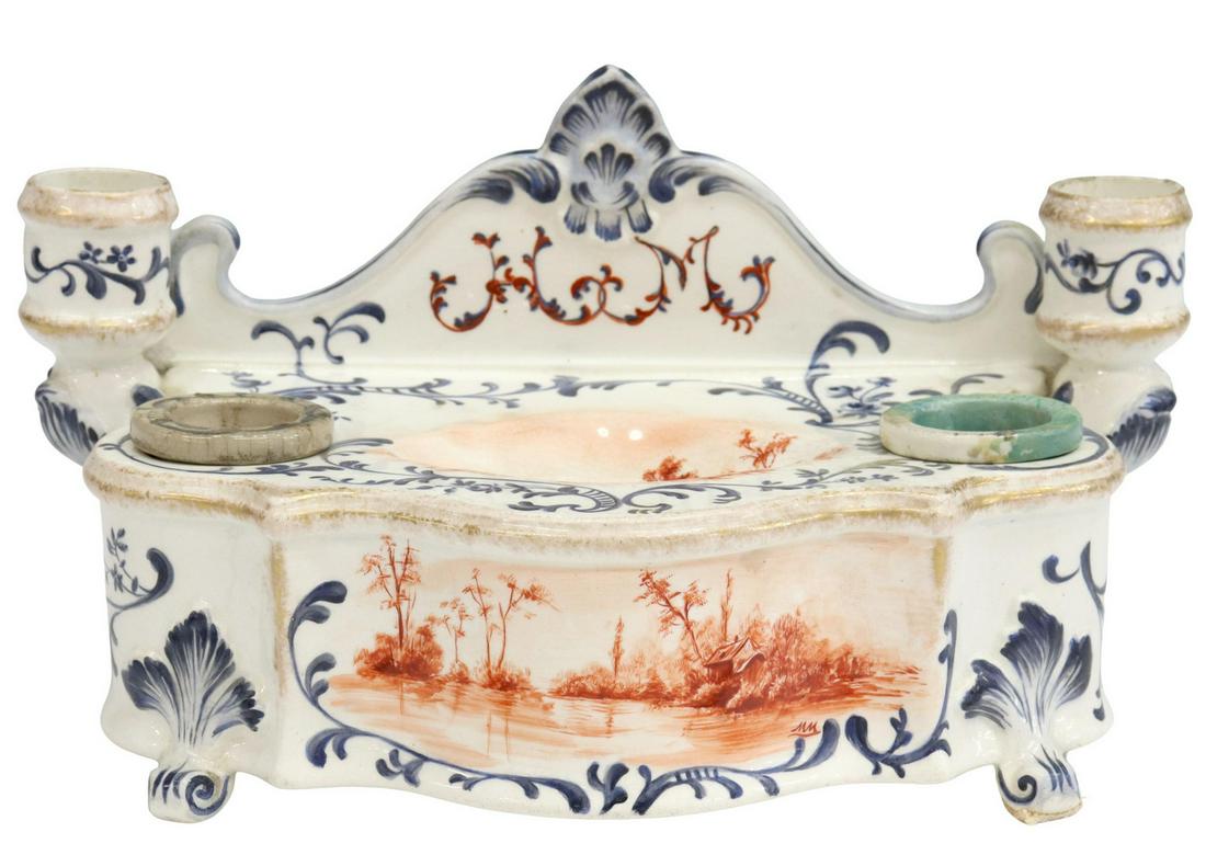 FRENCH FAIENCE DOUBLE INKWELL ENCRIER DESK STAND (1 of 4)