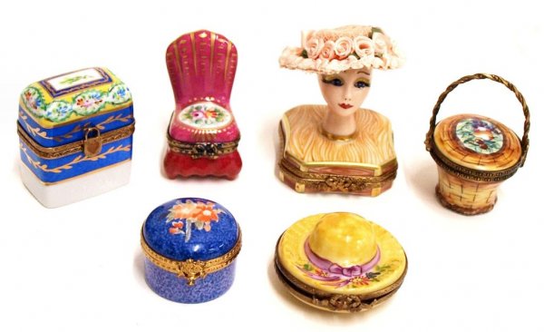 MINIATURE LIMOGES FRANCE PORCELAIN BOXES: (lot of 6) Limoges hand painted porcelain boxes, (1) modeled as a mannequin in a fabric hat, (1) chair form, (1) basket, (1) hat, (1) round pillbox, (1) perfume box holding two glass scent bottles; al