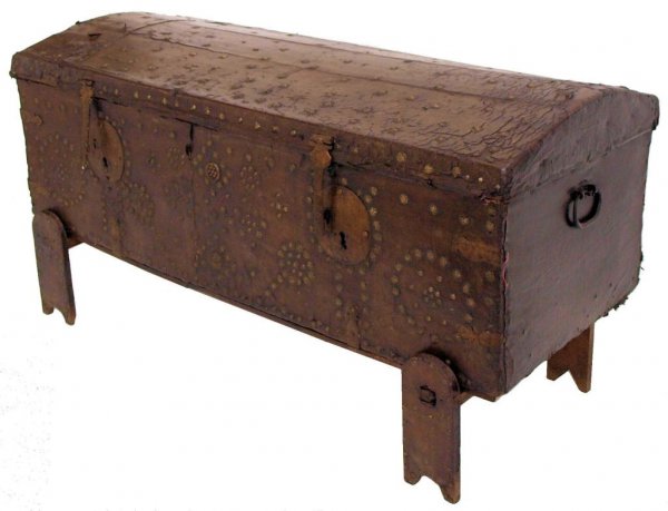 ANTIQUE SPANISH LEATHER BOUND STORAGE CHEST