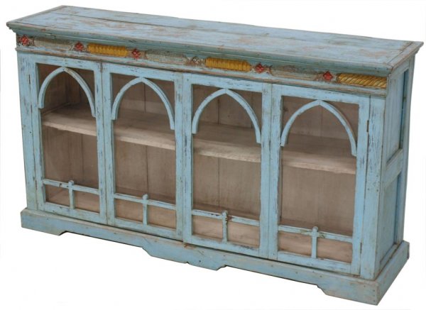 PORTUGUESE COLONIAL CARVED & PAINTED CABINET: Portuguese Colonial console cabinet, 19th c., the rectangular top above a carved frieze with polychrome decoration, a pair of double hinged doors open to a solid interior shelf, remnants of powder blu