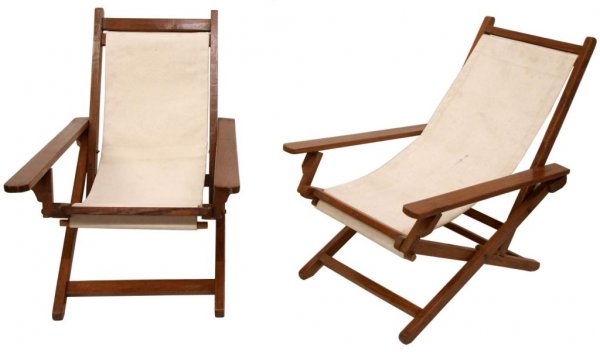 PAIR, ANTIQUE BRITISH COLONIAL CAMPAIGN CHAIRS: (pair) British Colonial campaign chairs, India, early 20th c, teakwood frames with later canvas, open: 32"h, 35"w, 36"d, closed: 33"h, 23"w, 10"d