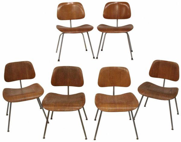 (6) CHARLES EAMES/ HERMAN MILLER CHAIRS: (lot of 6) Charles Eames chairs for Herman Miller, molded laminate seats on chrome steel legs, two bearing the Herman Miller foil tab, original finish, some rusting on steel surface, wear, one with ch