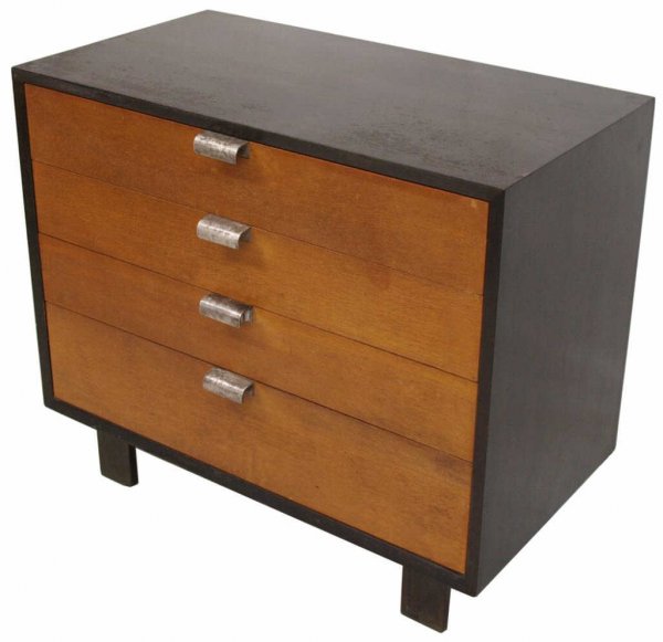 GEORGE NELSON FOR HERMAN MILLER MIRRORED CHEST: George Nelson Primavera chest for Herman Miller, four drawers with original pulls, the top drawer housing a fold up dressing mirror and tray, the exterior finished in black and resting on plank legs, 