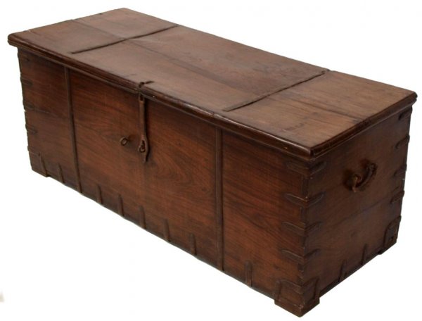 LARGE 17TH C PORTUGUESE COLONIAL ROSEWOOD CHEST: Large Portuguese Colonial rosewood storage chest, late 17th c., bound with hand-forged iron straps and retaining the original handles, double hasp lock lacking one strap, restorations with age, 23"h, 