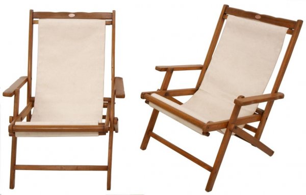 PAIR, BRITISH COLONIAL CAMPAIGN CHAIRS, MAKERS TAG: (pair) British Colonial campaign chairs, India, early 20th c, teakwood frames with new canvas, each with metal tag "Reg'd Laxmi Bharat", open: 31"h, 23"w, 24"d, closed: 29"h, 24"w, 5"d