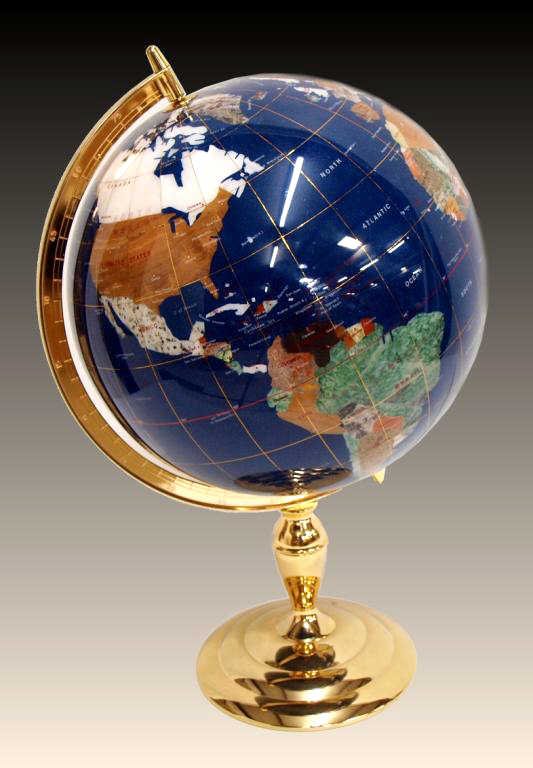 GEMSTONE TABLE GLOBE, LAPIS,AGATE, MOTHER OF PEARL: Gemstone table globe, the oceans and continents set with various stones including lapis, agate, mother of pearl, gold tone latitude and longitude lines, held by gold tone stand, 22.5"h, 14"w, 14lbs