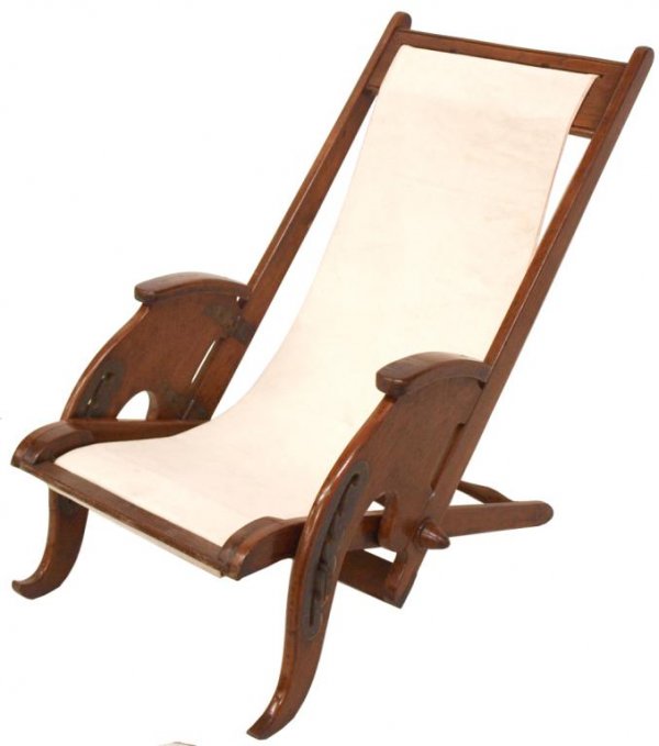 ANTIQUE BRITISH COLONIAL ROSEWOOD CAMPAIGN CHAIR: British Colonial rosewood folding campaign chair, 19th c., brass fittings, reclining seats with later canvas, restored, open: 37"h, 22"w, 40"d, folded: 51"h, 22"w, 6"d