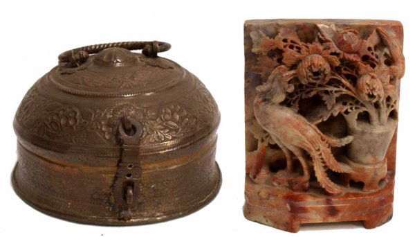 CHINESE CARVED SOAPSTONE FIGURE & METAL BOX: (lot of 2) Decorative objects comprising: (1) round copper and brass box, ornately hand hammered floral decoration, 6.5"h, 9"w; (1) Chinese carved soapstone group depicting a bird and flowers, 8"h, 6"