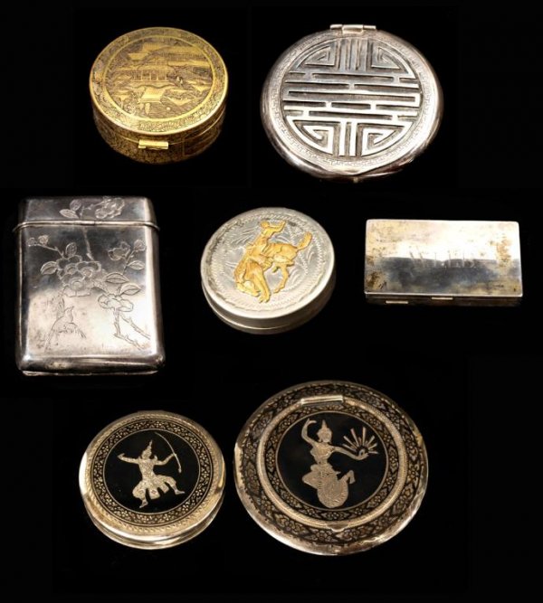 CHINESE SILVER CIGARETTE BOX, GROUP OF METAL BOXES: (lot of 7) Asian silver and metal boxes and compacts comprising: (2) silver compacts with black enamel, engraved Thai dancer, warrior motif, larger: 3"d; (1) Chinese silver compact, the front and back