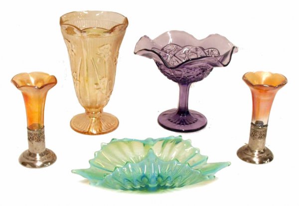 ANTIQUE CARNIVAL GLASS, OPALESCENT, AMETHYST VASE