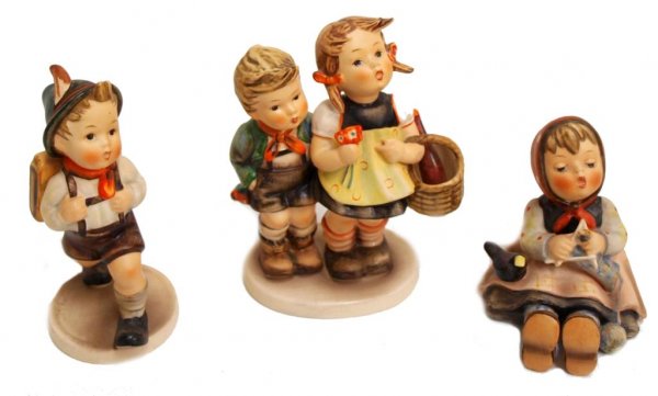 HUMMEL PORCELAIN FIGURES, TO MARKET, TMK-3SS: Hummel porcelain figures comprising: 'To Market' numbered 49/0, retaining original title sticker at base, minute fleabites at hair, 5.75"h, 4.5"w; 'Happy Pastime' numbered 69, retaining original title
