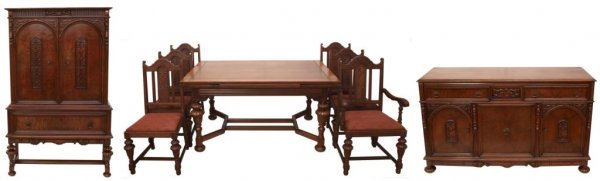AMERICAN DEPRESSION ERA BURLED WALNUT DINING SUITE