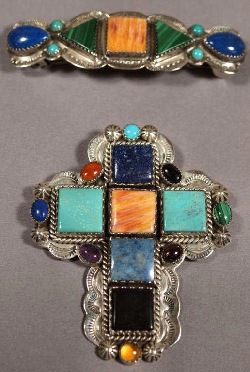 JEWELRY:JOAN SLIFKA STERLING & STONE CROSS PENDANT: (lot of 2) Joan Slifka Designs sterling silver pendant in the form of a cross, set with spiny oyster shell, various cabochons and stones including onyx, lapis, turquoise, amethyst, etc., the reverse w