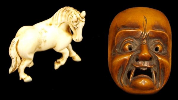CARVED JAPANESE NOH MASK & IVORY HORSE NETSUKE