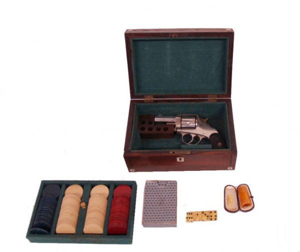 ANTIQUE PISTOL, GAMBLERS TRAVEL BOX, CARDS & CHIPS