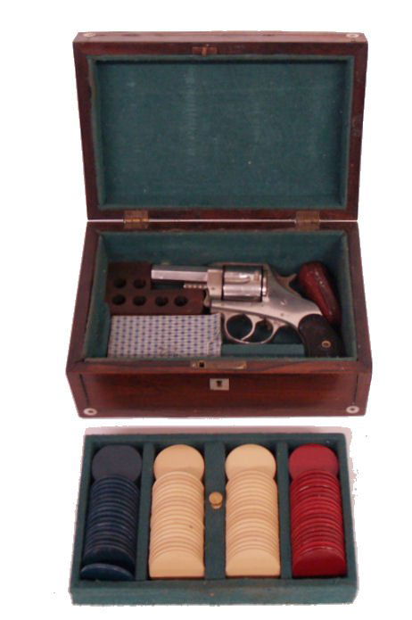 ANTIQUE PISTOL, GAMBLERS TRAVEL BOX, CARDS & CHIPS - 2