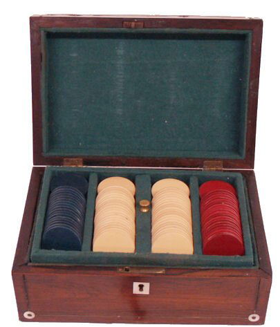 ANTIQUE PISTOL, GAMBLERS TRAVEL BOX, CARDS & CHIPS - 3